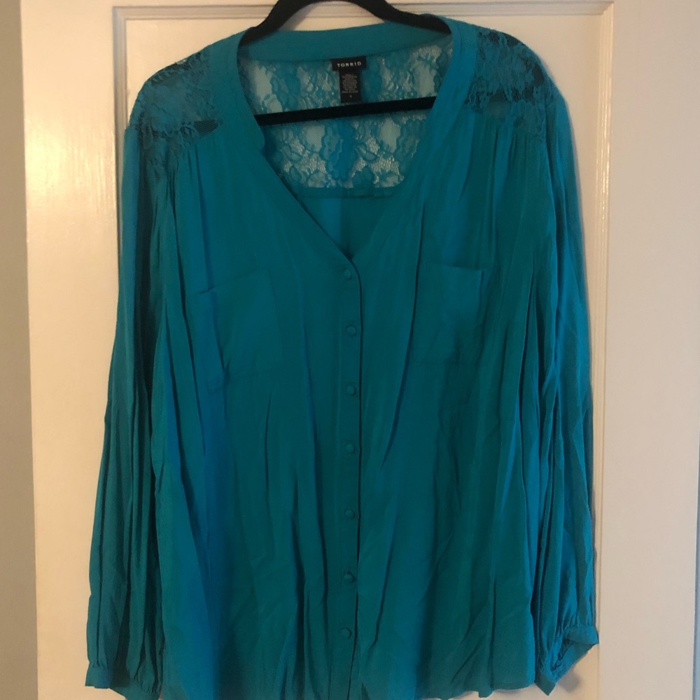 Blue Challis Blouse with Lace | Torrid Size 3